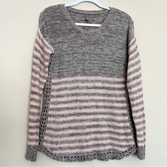 Vanity Women’s Gray and Pink Striped Knit Crew Neck Sweater - Picture 1 of 7